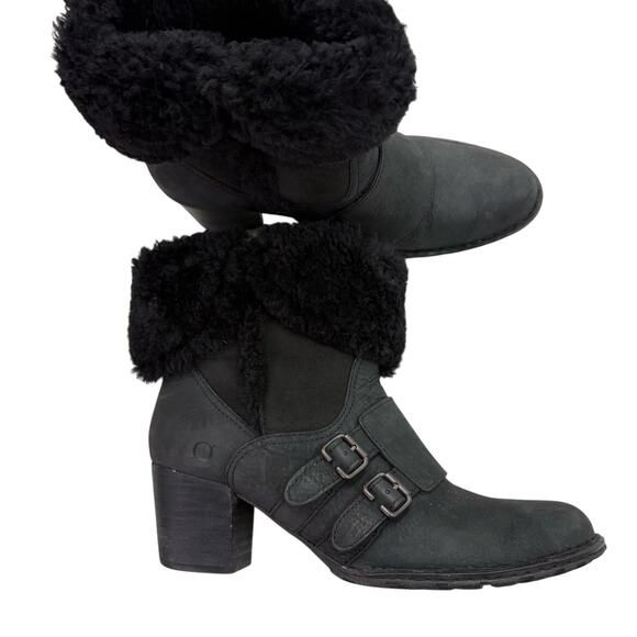 Born Shoes - Born Charlee black suede shearling fold-over heeled ankle booties size 9